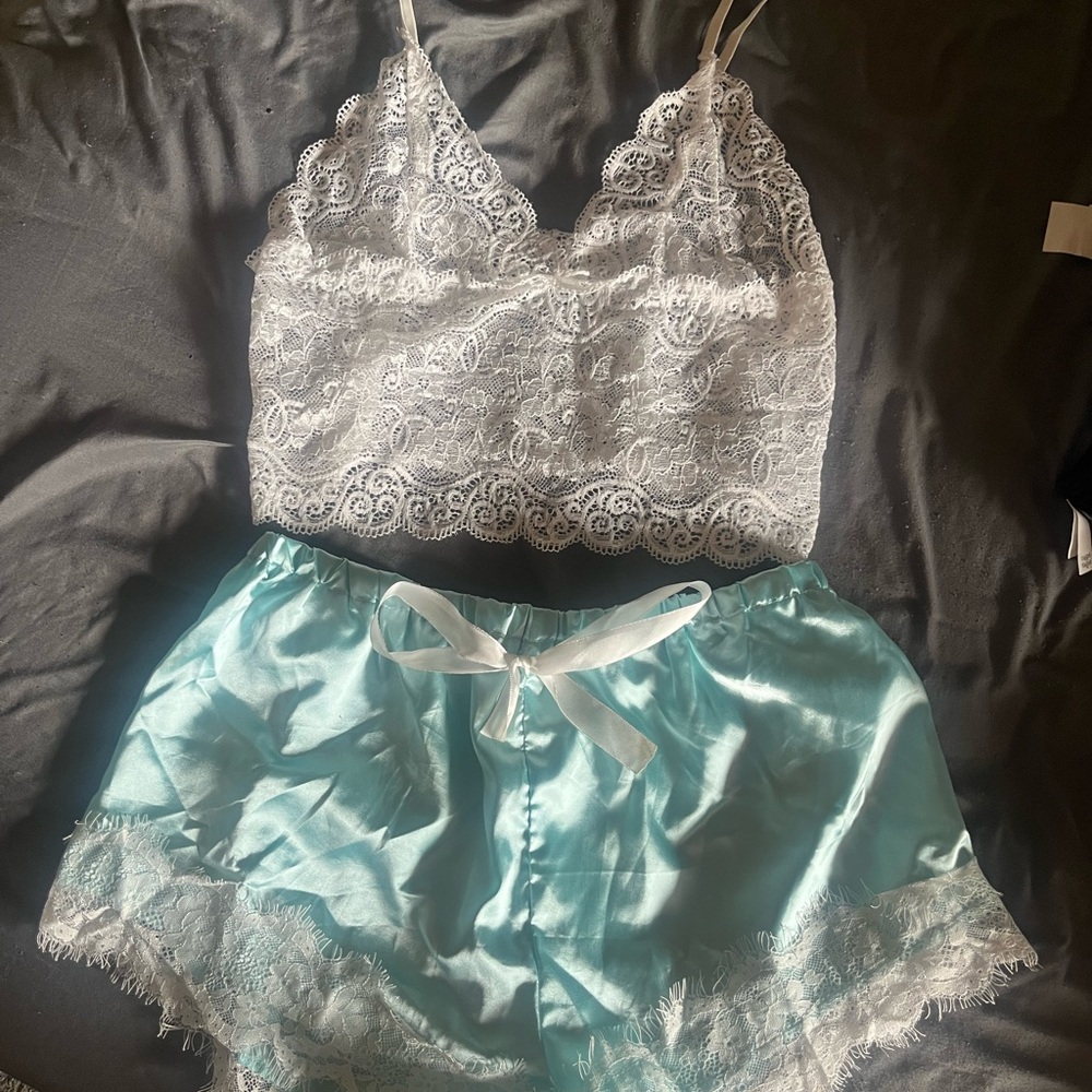 Lace Bralette and Satin Shorts Set - White and Light Blue